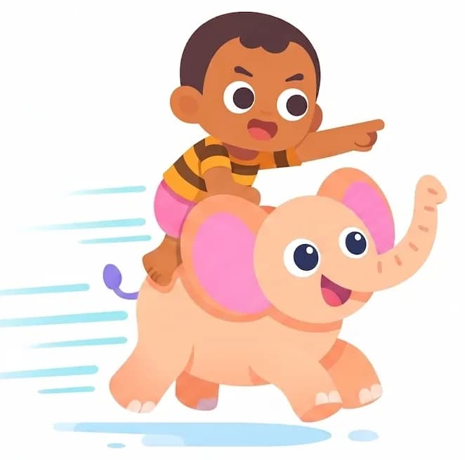 On the left side of the image, Boy rides on top of Elephant, who is charging forward at full speed with motion lines trailing behind them. Boy is leaning forward with a determined expression, one arm stretched out ahead pointing the way. Elephant has a focused, wide-eyed look as it gallops with its legs in mid-stride and trunk curled slightly upward. The background is plain white, leaving the right side of the image open for text.