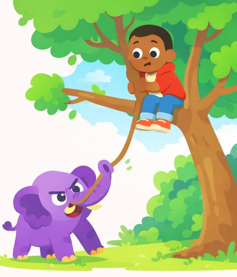 On the right side of the image, Mad Elephant stands on a grassy patch beneath a large tree, trunk wrapped around a low branch and pulling downward with a determined expression. Brother sits up in the tree on a branch above, looking down at Mad Elephant with a nervous, wide-eyed expression, gripping the branch tightly. The scene is set outdoors in a park-like setting on a bright, sunny day with lush green foliage surrounding the tree.