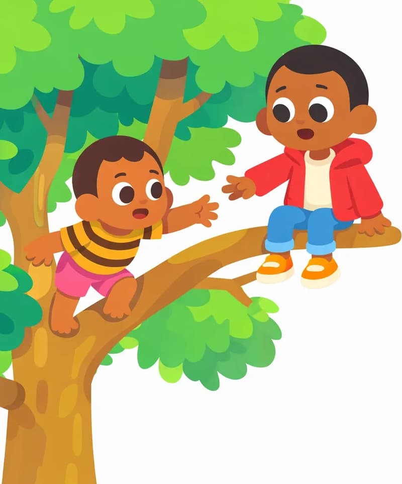 On the left side of the image, a large leafy tree dominates the scene. Boy is perched on a lower branch, leaning forward with one arm stretched out toward Brother, his expression determined and concerned. Brother sits higher up on an upper branch, looking down toward Boy and reaching back with one hand, appearing slightly worried. The outdoor setting is bright and daytime, with lush green foliage surrounding both characters. The right ~40% of the image is plain white background.