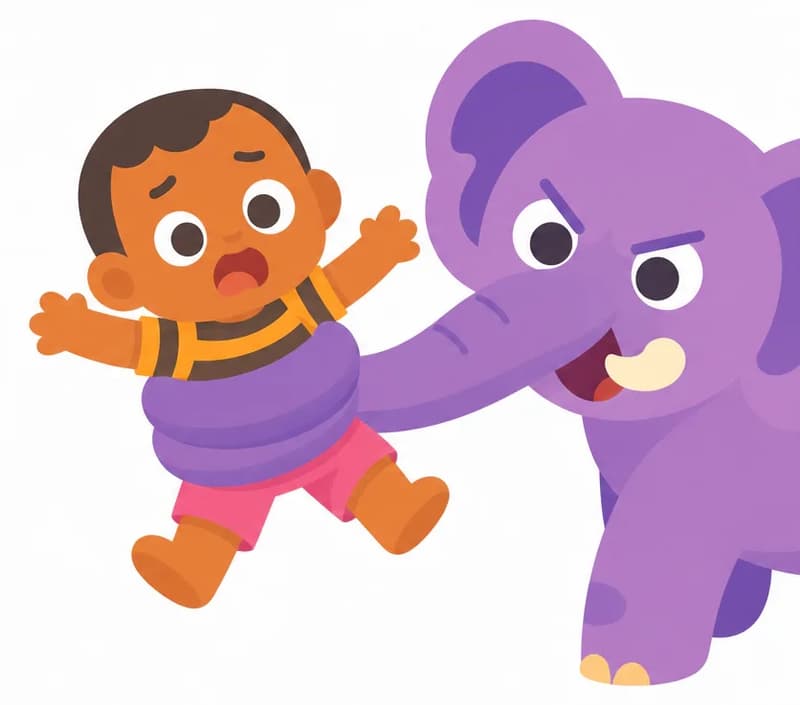 On the right side of the image, Mad Elephant's trunk is coiled tightly around Boy's midsection, lifting him into the air. Boy hangs with his legs kicking and his arms reaching out desperately, his face showing a wide-eyed, scared expression as he calls out. Mad Elephant is partially visible at the far right edge, with its large ear and trunk dominating that side. The background is plain white, leaving the left side completely open for text.