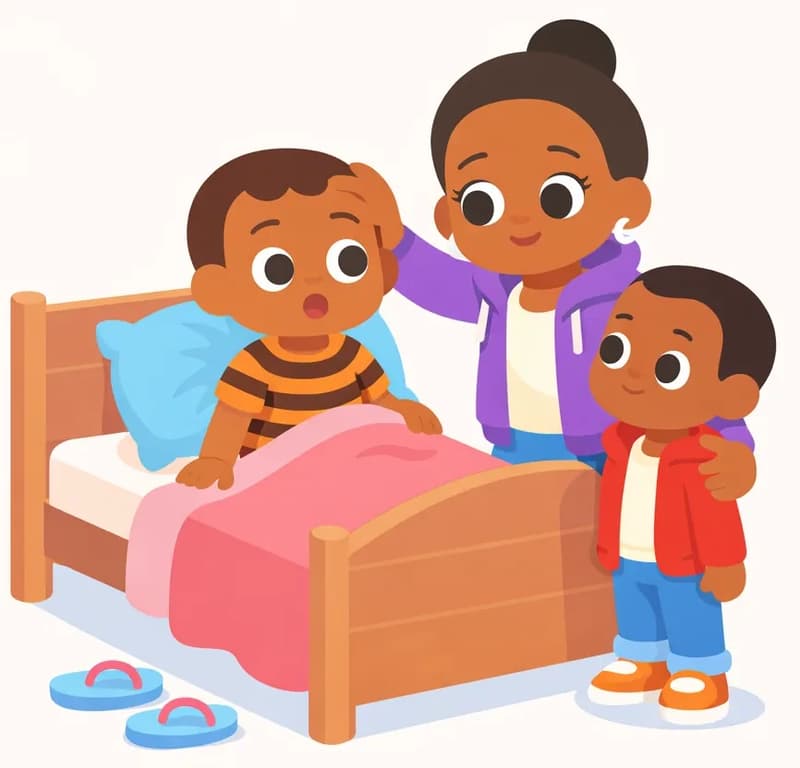 On the left side of the image, Boy is sitting up in a wooden bed with a startled, wide-eyed expression, propping himself up on one arm as if just woken from a dream, with a pink blanket and blue pillow around him. Mom sits on the edge of the bed beside him, gently placing her hand on his head with a warm, caring expression. Brother stands next to Mom at the bedside, looking up at Boy with soft, calm eyes while Mom holds him close with her other arm. The scene is set indoors in a bedroom, with a pair of flip-flops on the floor beside the bed. The right side of the image is plain white background.