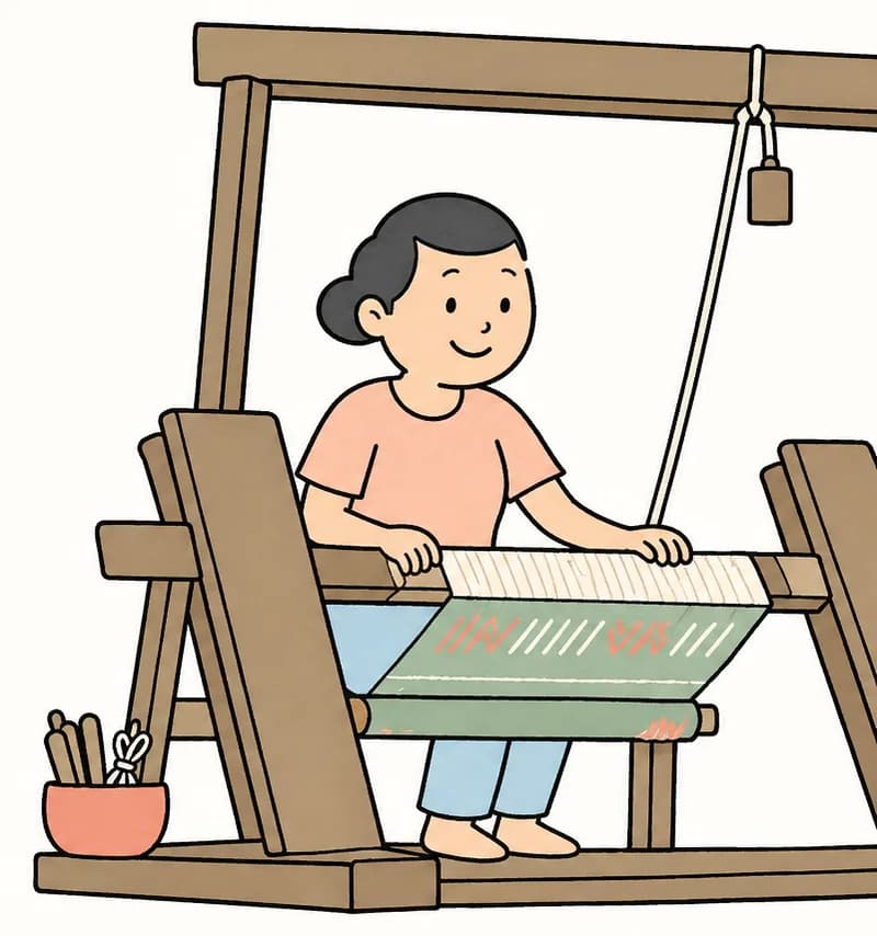 On the right side of the image, Kim's mother sits at a large wooden loom inside a cozy indoor room, smiling contentedly as she works the threads with her hands. The loom holds a partially woven fabric with colorful patterns, and warm afternoon light fills the space. The left side of the image is plain light background, leaving room for text.