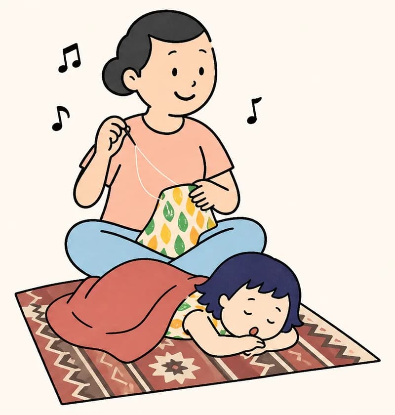 On the left side of the image, Kim's mother sits cross-legged on the floor, singing softly — musical notes float in the air around her — while sewing or doing needlework with thread and fabric. Below her, Kim lies on her stomach on a red and brown patterned rug with her head resting on her arms, eyes closed, peacefully drifting off to sleep.  She has pulled a thin red blanket up to cover herself. The scene is a warm, softly lit indoor setting with a calm, cozy afternoon atmosphere. The right ~40% of the image is plain light background.