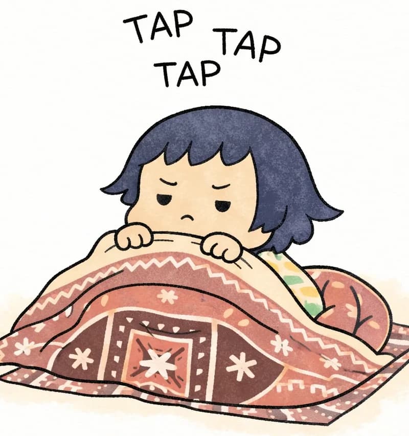 On the right side of the image, Kim lies on the rug pulling a blanket up toward her chin, frowning with an annoyed, sleepy expression as she's been woken by a tapping noise. Sound-effect text ("TAP TAP TAP") floats above her head, suggesting the persistent tapping. The scene is a close-up indoor afternoon view with warm light, and the patterned blanket is bunched around her.