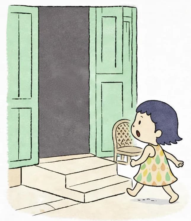 On the left side of the image, Kim walks barefoot up a small step toward an open doorway of a building with large green wooden doors, shown at a three-quarter angle so her face is visible — she has a curious, determined expression as she heads out into the street to follow a sound. Colorful "POK POK POK" sound-effect text floats in the air near the doorway. The scene is set outdoors on a neighborhood sidewalk, with a wicker chair sitting to the right of the entrance. The right ~40% of the image is plain light background.