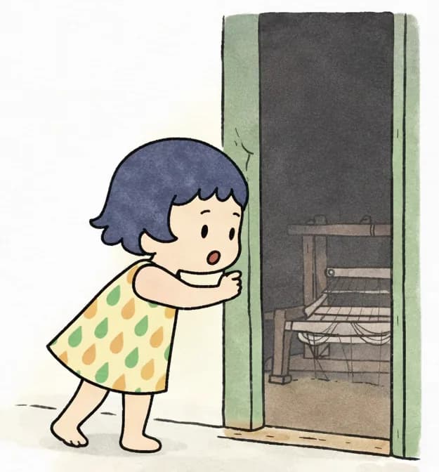 On the right side of the image, Kim stands bent forward slightly, peering curiously through a weathered open doorway into a dimly lit interior. She has a determined, inquisitive expression as she pushes the door open. Just inside the doorway on the right, a traditional wooden loom is visible with threads and wooden slats. The scene is set outdoors on what appears to be a porch or entryway of an older building, with warm daylight illuminating the left side as plain background. Colorful "POK POK POK..." sound-effect text floats above, suggesting tapping sounds coming from the loom.