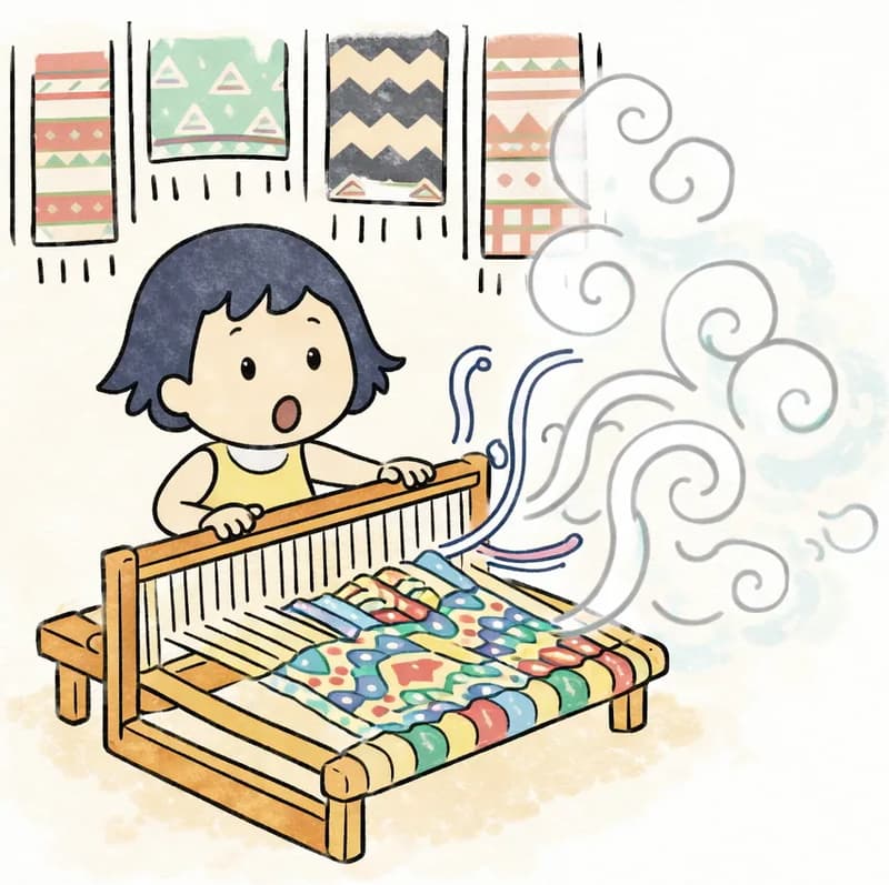 On the left side of the image, Kim sits at a large wooden loom inside a cozy craft room, with her hands on the loom's frame and a look of wide-eyed surprise on her face. The loom is actively weaving — a brilliant rug is forming on it, with threads twisting and dancing on their own. Magical swirling clouds of mist or energy billow out from the loom toward the right, suggesting the loom has come alive. Behind Kim on the wall, colorful finished rugs and tapestries with geometric patterns hang on display. The right side of the image is open plain background filled with the magical mist.