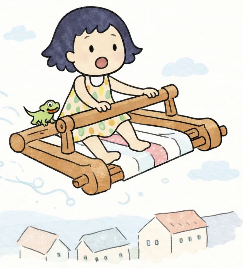 On the right side of the image, Kim sits atop a large wooden loom that is flying through a bright, cloudy daytime sky, soaring above rooftops and buildings below. She grips the loom's frame with both hands, her expression shifting from surprise to wonder as the magical loom carries her upward. Wisps of glowing light and magical energy trail behind the loom. A tiny gecko clings to the loom beside her, along for the ride. The left side of the image is plain sky background, leaving space for text.