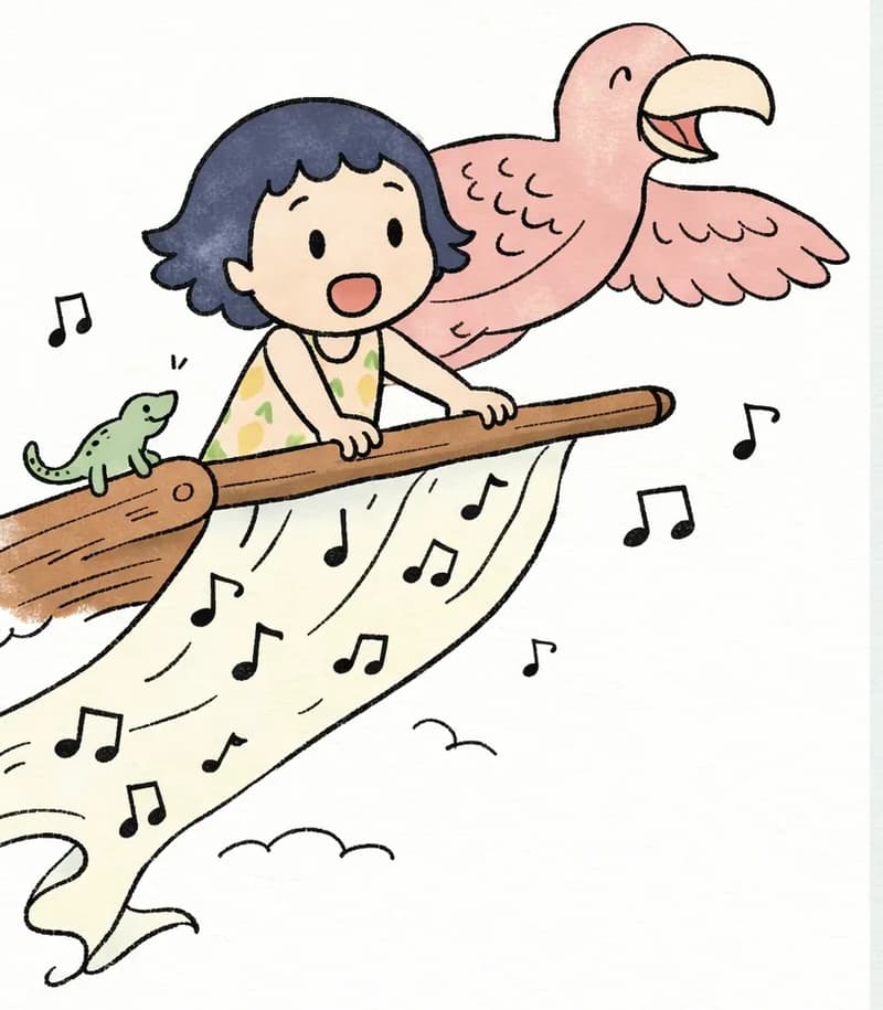 On the left side of the image, Kim sits atop a large magic loom that is flying through a pale, cloudy sky. She leans forward with a wide grin, gripping the wooden beam of the loom as it soars through the air. The loom trails a flowing, decorative fabric behind it — patterned with musical notes — that billows and curls downward like a banner. A massive pink bird glides beside Kim just above the loom. A tiny gecko clings to the loom near Kim. Musical notes float and swirl in the air around the loom, suggesting the ribbon of song carrying them aloft. The right side of the image is plain pale blue-gray sky, clear for text.