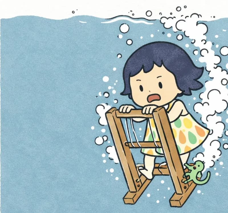 On the right side of the image, Kim is plummeting downward beneath the ocean surface atop the magic loom, gripping the wooden frame with a determined expression. A blanket of bubbles and foam surrounds her and the loom as they plunge into the dark, deep water. A tiny gecko clings to the loom beside her. The left side is open dark sea water, providing clear space for text overlay.
