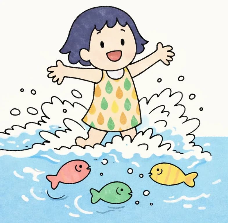 On the left side of the image, Kim bursts through the ocean waves, arms spread wide, riding the foamy surf with a joyful, excited smile. Colorful fish — pink, green, and yellow — swim circles around her in the shallow water as waves crash around them. The scene is set outdoors at a beach on a bright day, with deep blue ocean water stretching across the right side of the image as plain background.