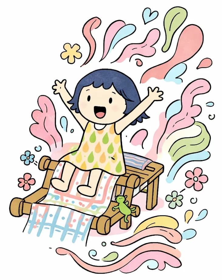 On the right side of the image, Kim sits atop the magic loom as it carries her through a swirling explosion of colors and patterns. She raises her arms and laughs joyfully, her face beaming with delight. Flowers and brilliant shapes blossom around her — flowing patterns, abstract shapes in pinks, blues, and greens — like living art surrounding the loom. A tiny gecko clings to the loom near her. The left side of the image is plain background, leaving space for text.