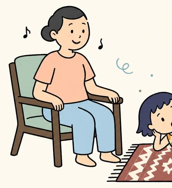 In the lower-left portion of the image, Kim's mother sits on a chair with a gentle, peaceful smile, singing softly. Kim is lying on the red and brown patterened rug from before, just waking up with a drowsy, content expression, her plain red blanket twisted around her legs, one hand near her face as she looks up at her mother. Faint wisps of color drift through the air around them, suggesting the fading remnants of a dream. The top half of the image is plain warm-toned background. The scene is set indoors in a cozy room with soft, warm afternoon light.