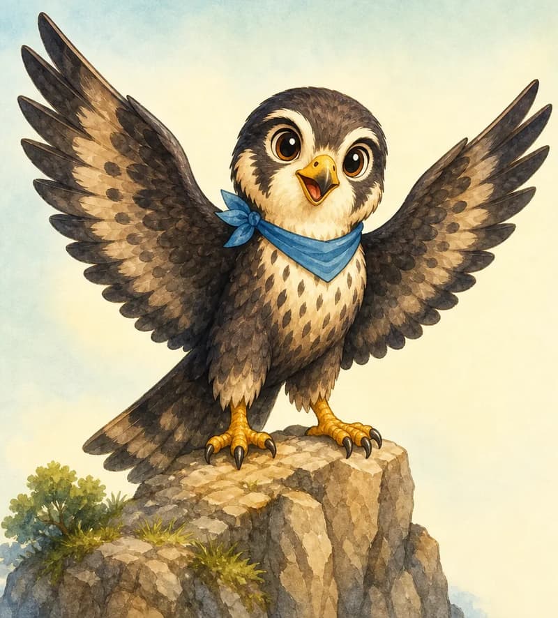 Introduce Hernando. Show him perched on a high rocky outcrop, wings spread to reveal their long, pointed shape and dark plumage. Sharp talons clearly visible gripping the rock. Eyes alert and bright, showing his excellent eyesight. Mood: noble, powerful introduction.