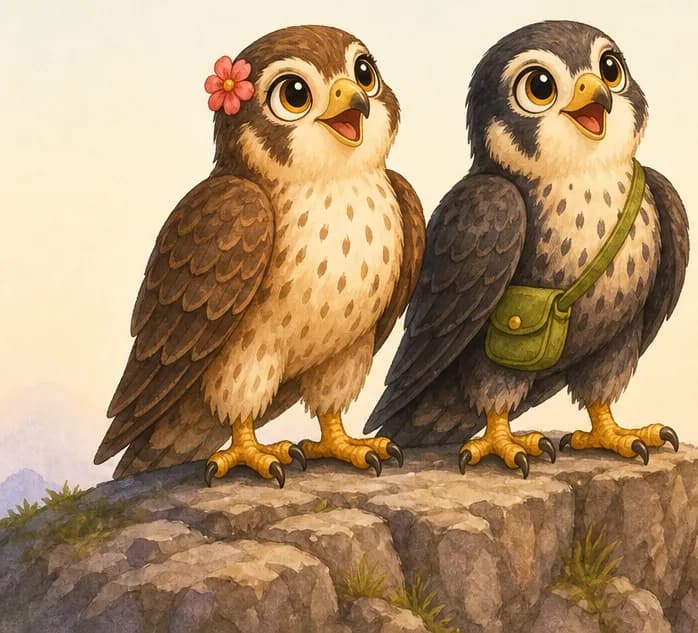 Hilda and Hugo are perched side by side on a tall mountain ledge, gazing upward and outward with admiring expressions, as if watching their brother (Hernando does not need to be visible in the frame — they are simply looking up at him). Mood: admiration and pride.