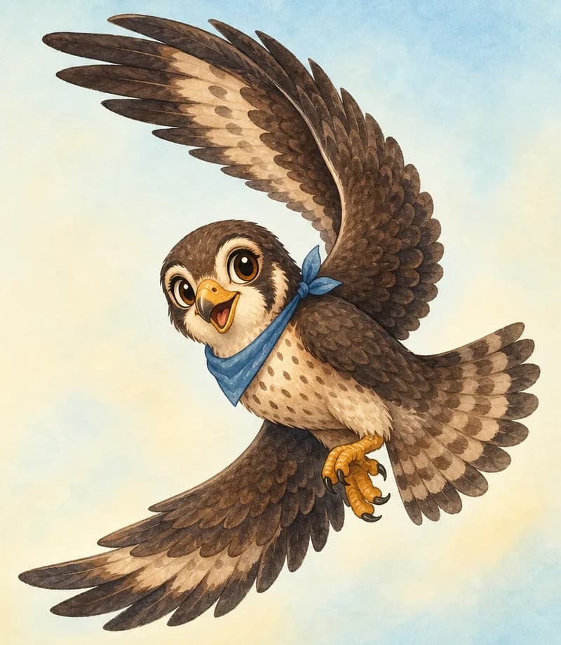 Hernando is in mid-flight, wings fully spread, curving gracefully in a perfect circle in the air. His pose shows the beauty of his flight — gliding turn, long pointed wings extended. No other characters in frame. Mood: graceful, beautiful, free.