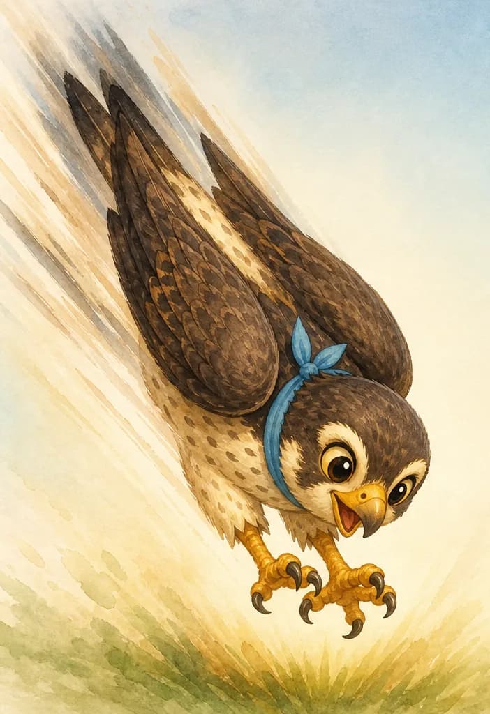 Hernando is in a steep dive, wings folded close to his body, beak pointing down toward the ground. His enormous talons are extended forward, ready to catch prey. Show the silhouette of the dive clearly — fast, dramatic, controlled. Keep prey unspecific (a simple suggestion of a target below, not graphic). Mood: powerful focused action.
