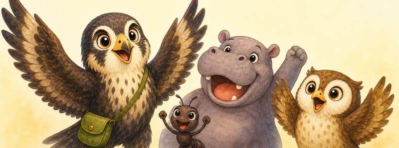 Hugo is in front with his wings raised and beak open in a happy cheering gesture. Just behind/beside him, the three friends celebrate together: the hippopotamus, the small ant, and the owl, all looking up and cheering joyfully. Mood: enthusiastic tribute. Keep the group tight together.