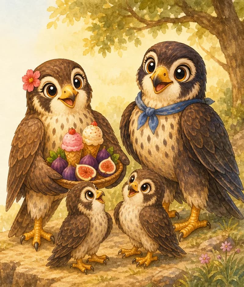 Hilda arrives carrying small ice cream cones and figs (simple, child-friendly treats). Hernando stands proudly nearby with one or two small young falcons looking up at him attentively, as if learning. Mood: proud, warm, celebratory closing page.
