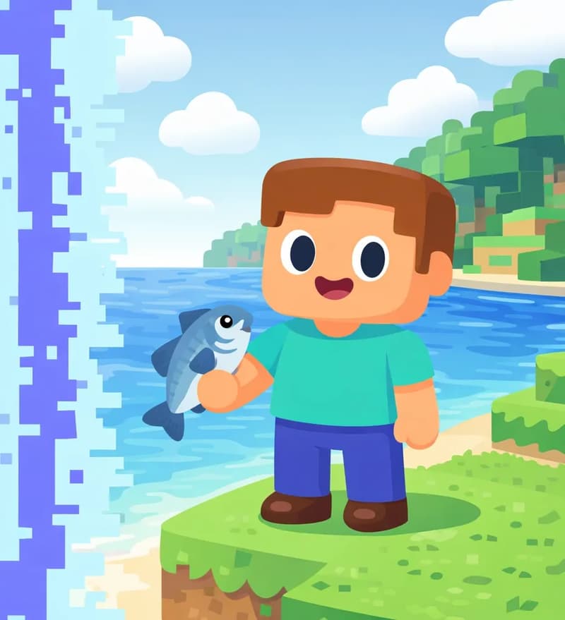 Steve stands on the right side of the image on a grassy shoreline beside the ocean, facing the viewer with a relieved expression and holding a raw cod fish in one hand. The outdoor scene shows a cloudy daytime sky, calm sea water, and blocky green hills in the background. A text panel with a blue/purple pixelated border occupies the left side of the image, leaving the left area clear of action.