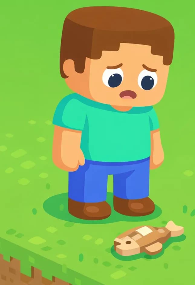On the left side of the image, Steve stands looking down at a raw cod fish lying on the grass at his feet. He has a thoughtful, slightly disgusted expression, considering what to do with the fish. The scene is set outdoors on a bright, sunny day in a grassy Minecraft-style landscape, with the right side of the image left as open green background for text overlay.