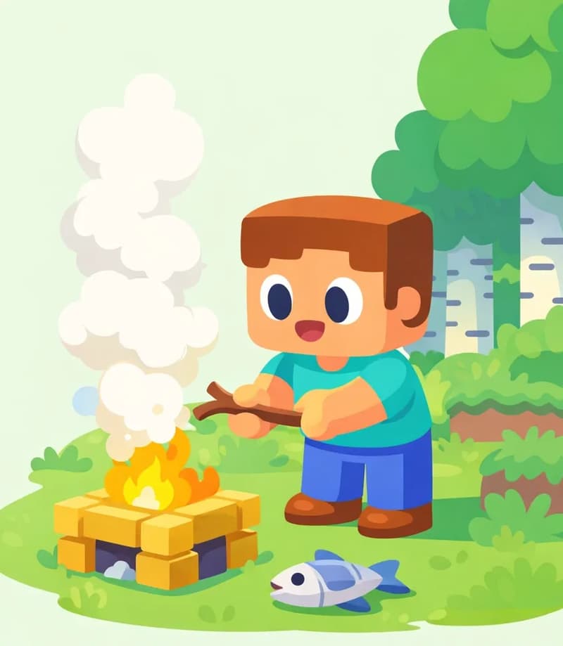 On the right side of the image, Steve stands beside a campfire built on the grass, with smoke billowing upward. He appears to be tending the fire with a determined expression, facing it at a three-quarter angle. A raw cod fish sits on the ground near the fire, ready to be cooked. The scene is set outdoors in a forested area with trees and green grass, during daytime with soft natural lighting. The left side of the image is clear background suitable for text overlay.