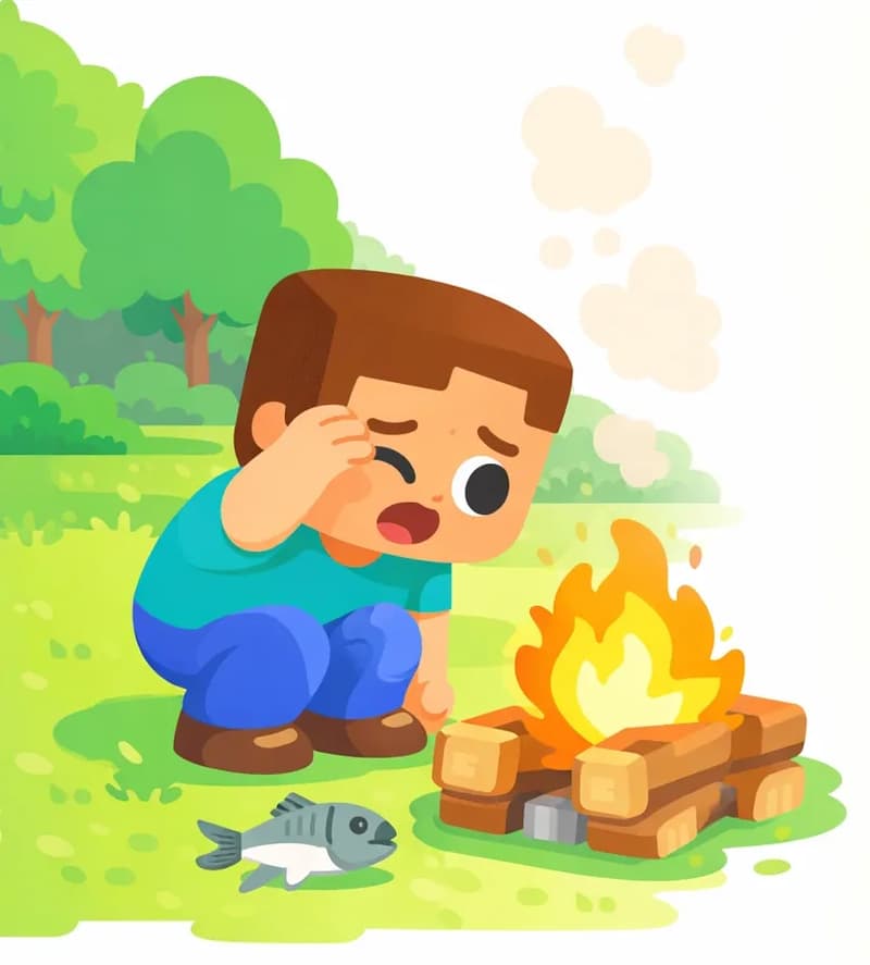On the left side of the image, Steve is crouching low beside a campfire built on stacked logs, leaning in close but shielding his face with one arm, wincing from the intense heat. The fire is burning brightly with orange and white flames and wisps of smoke rising upward. A cod fish sits near the fire, partially cooking. The scene is set outdoors on a green grassy area with trees and foliage visible in the background under daylight. The right side of the image is open plain background for text placement.