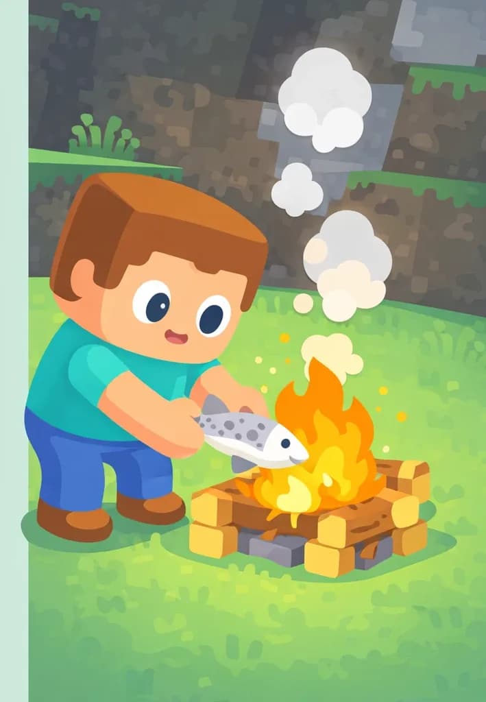 On the right side of the image, Steve stands beside the campfire on a grassy area, leaning forward and placing the cod fish directly into the flames with both hands. He has a focused, careful expression. Smoke rises from the fire into the air. The scene is set outdoors during daytime against a rocky hillside or cave entrance in the background. The left side of the image is clear background for text overlay.