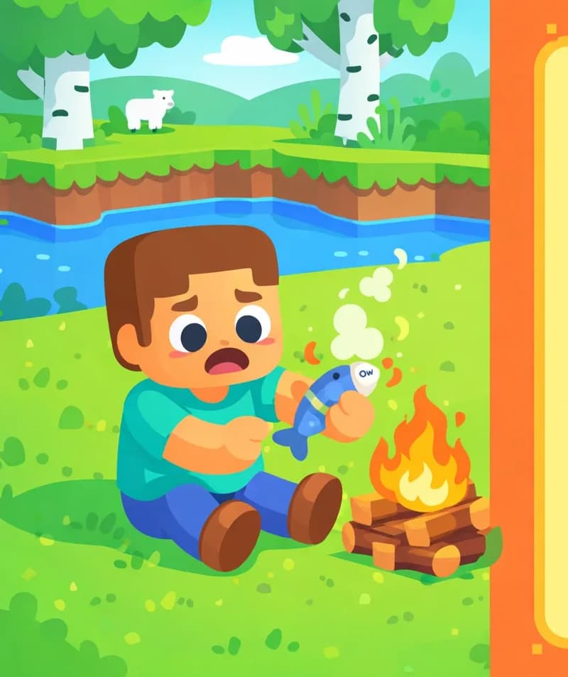 On the left side of the image, Steve is sitting on a grassy area beside a small campfire, reaching toward it to grab a cooked fish (cod) with a surprised, pained expression — the fish is clearly too hot to hold. The campfire burns brightly with orange flames next to him. The scene is set outdoors on a green grassy landscape with birch trees, a pond or river in the background, and a small hill where a white sheep grazes. The right side of the image is a plain orange-and-yellow bordered text area.