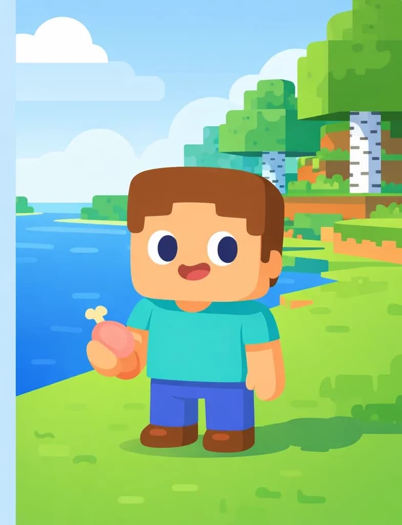 Steve stands on the right side of the image on a grassy hill, facing the viewer with a neutral expression. He is holding a piece of raw chicken in his right hand. The scene is set outdoors during daytime in a Minecraft-style landscape with trees, a body of water, and a cloudy sky visible in the background. The left side of the image is clear background reserved for text overlay.