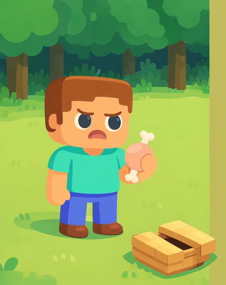 On the left side of the image, Steve stands in a grassy clearing near the edge of a forest with tall trees and foliage in the background, holding a piece of raw chicken and looking around with a frustrated expression. A small wooden boat sits on the grass nearby. The area is notably sparse, with very few logs or wood resources visible. The right side of the image is occupied by a large olive/tan text overlay area.