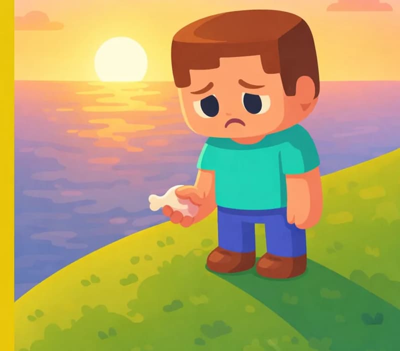 On the right side of the image, Steve stands on a grassy hilltop, looking downward with a sad, dejected expression, his arms hanging at his sides. He still holds the raw chicken in one hand. The scene is set outdoors at sunset, with the sun low on the horizon casting a warm glow across the landscape and an overcast sky above. The left side is reserved for text with a dark panel and yellow border. The overall mood is lonely and subdued, matching Steve's hunger and low spirits.