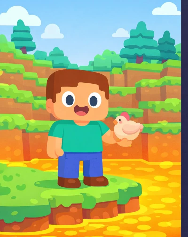 On the left side of the image, Steve stands facing the viewer with a surprised, excited expression, holding a raw chicken in one hand. He is standing at the edge of a pool of lava that glows bright orange-yellow at his feet. The outdoor scene features a grassy hillside with blocky trees and a blue sky with clouds in the background. The right side of the image is a plain dark panel reserved for text.