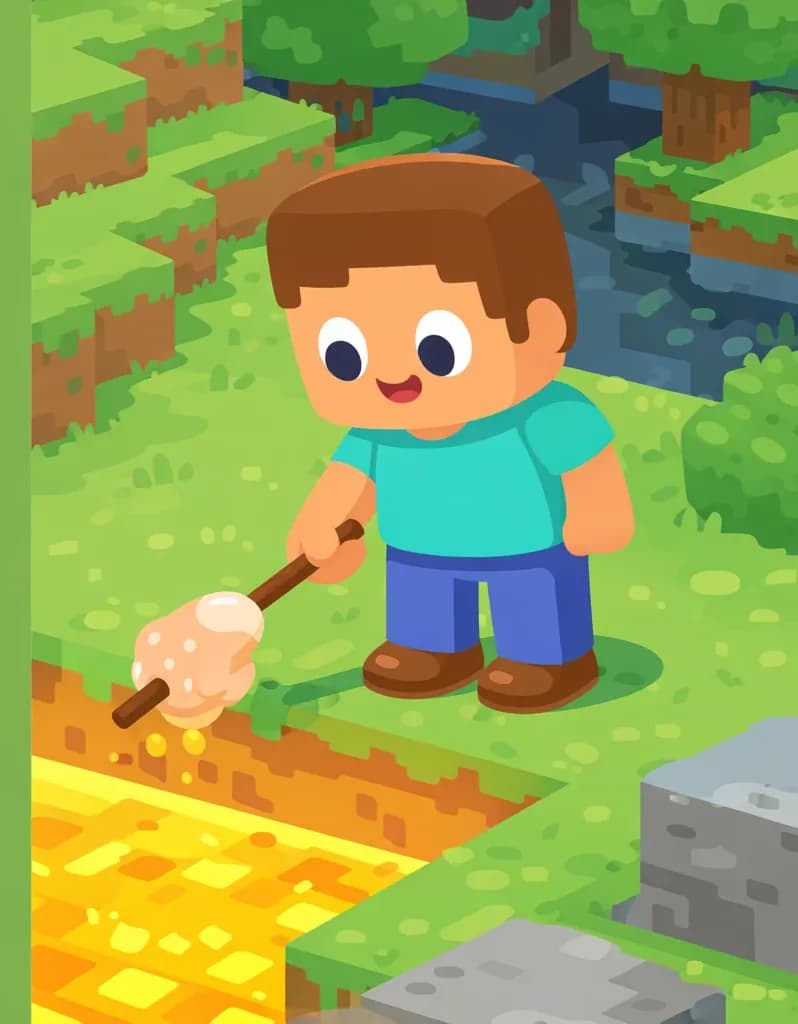 On the right side of the image, Steve stands at the edge of a bright, glowing pool of lava, looking down at it with a curious expression. He holds a raw chicken skewered on a stick in one hand, appearing to consider whether to hold it over the molten lava. The scene is set outdoors in a blocky, Minecraft-style landscape with green grass, stone blocks, and scattered trees in the background. The left side of the image is a plain green area reserved for text overlay.