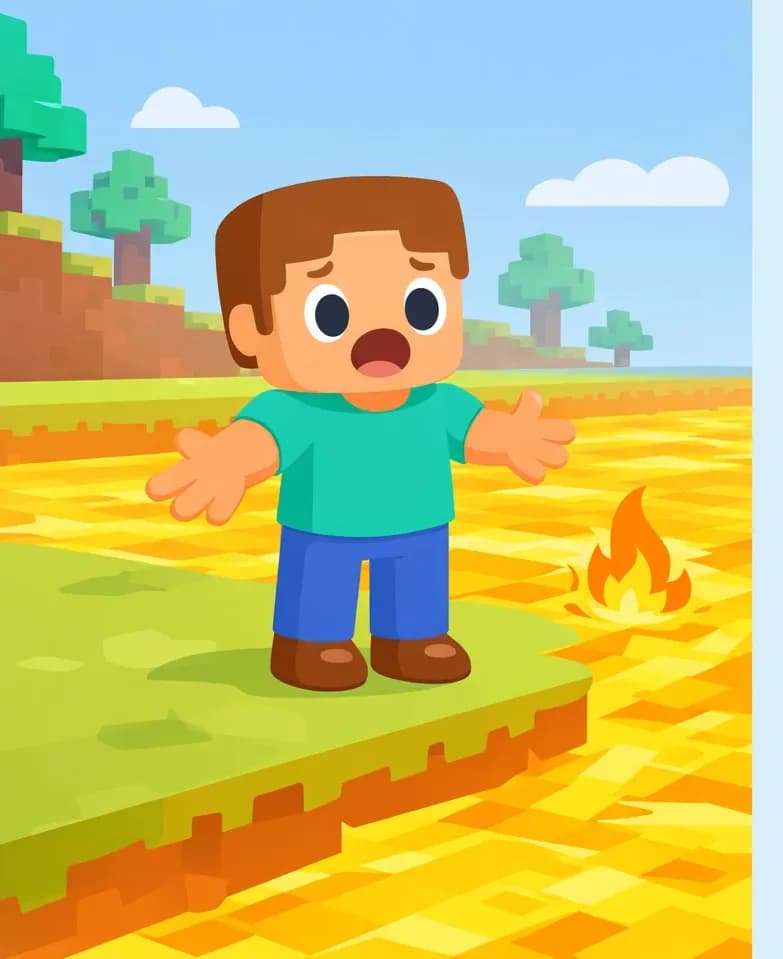 On the left side of the image, Steve stands at the edge of a vast pool of lava, facing the viewer at a three-quarter angle with a shocked, dismayed expression and empty hands outstretched. A small burst of flame flickers on the lava's surface where the chicken was just thrown in. The scene is set outdoors in a bright, blocky Minecraft landscape with trees and blue sky in the background. The right side of the image is open background for text overlay.