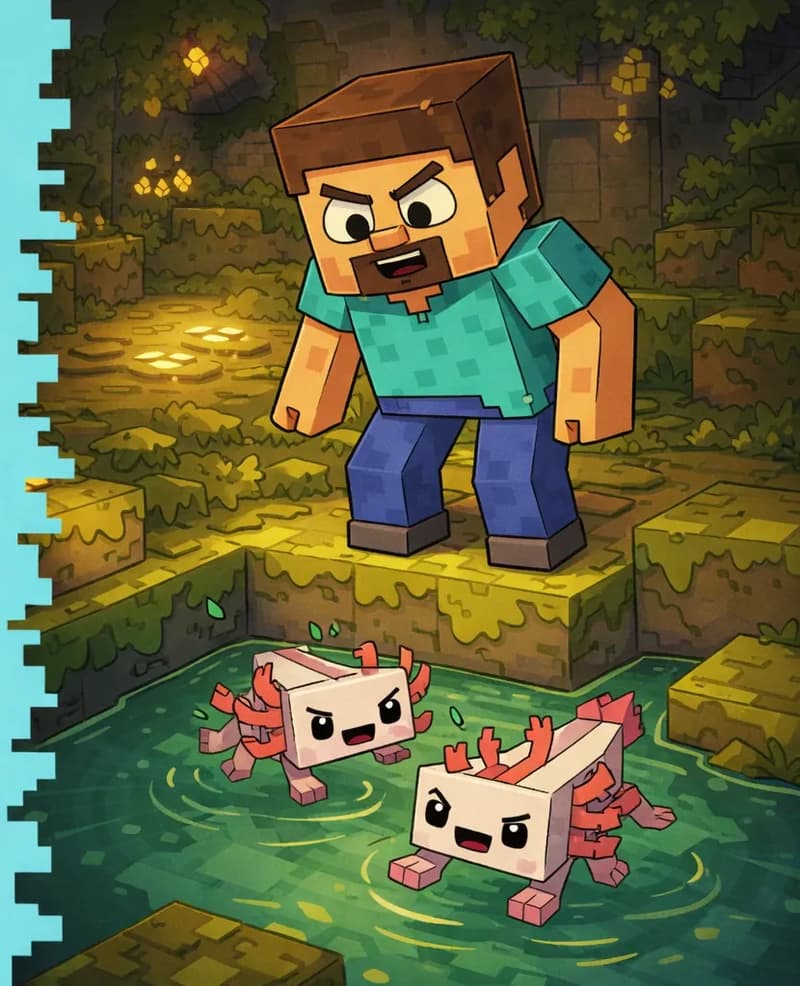 On the right side of the image, Steve stands at the edge of a small pool in an underground lush cave biome, looking down with curiosity at Axolotl swimming in the water below. The cave is dimly lit by glowing light sources scattered nearby, with lush green moss and vegetation covering the rocky walls and ground. Axolotl is floating in the shallow pool alongside a second axolotl, both paddling gently in the water.