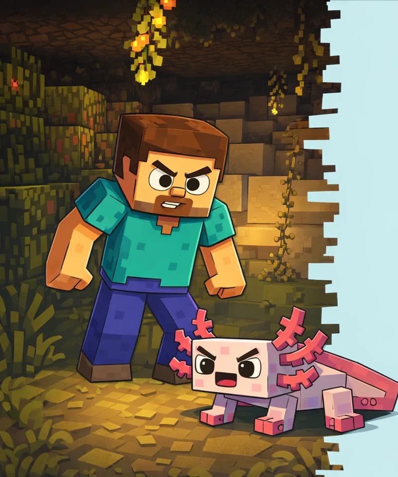On the left side of the image, Steve stands in a Minecraft-style lush cave environment, looking down with a determined expression at Axolotl, who is sitting on the ground at his feet. The scene is set in a dim underground cave with stone walls, hanging vegetation, and glowing fire/torches above providing warm light. The right ~40% of the image is plain light blue background.