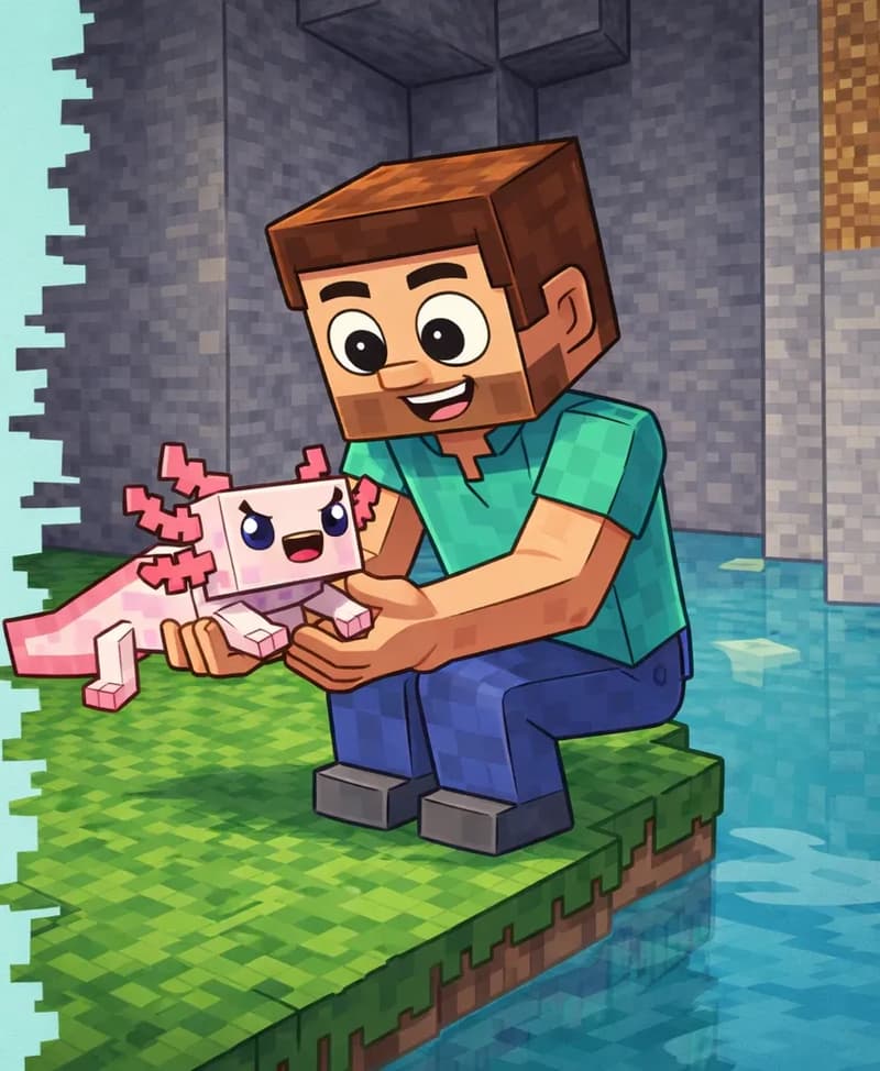 On the right side of the image, Steve kneels on a grassy ledge beside a pond, smiling as he carefully holds Axolotl in both hands. The scene is set outdoors next to a stone cliff face, with calm blue water surrounding the grassy bank. The left side of the image is plain light teal background, clear for text overlay.