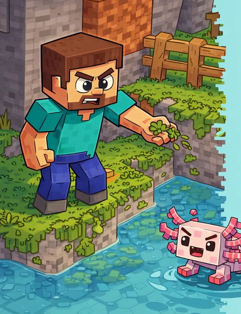 On the left side of the image, Steve stands at the edge of a pond, tossing handfuls of moss onto the rocks and dirt around the water with a focused expression. The pond is bordered by grass and stone blocks, with patches of fresh green moss growing on the rocks nearby. A wooden fence is visible in the upper-left background. Axolotl swims in the shallow water nearby to Steve's left, gliding through the soft, cool flow. The right ~40% of the image is plain light blue/teal background, clear for text overlay.