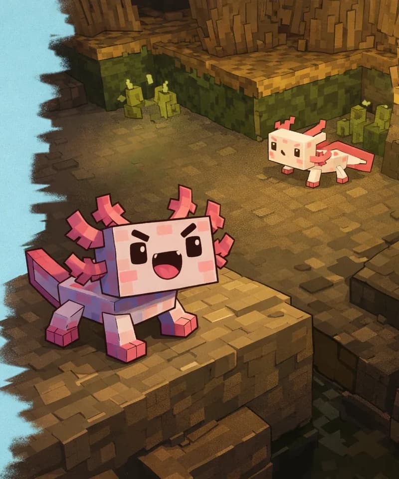 On the right side of the image, Axolotl stands on a rocky ledge inside a dimly lit cave, grinning excitedly toward a newly appeared white axolotl nearby. The cave environment features stone and dirt blocks with small patches of vegetation, viewed from a slightly elevated angle. The left side is plain light blue background for text overlay.