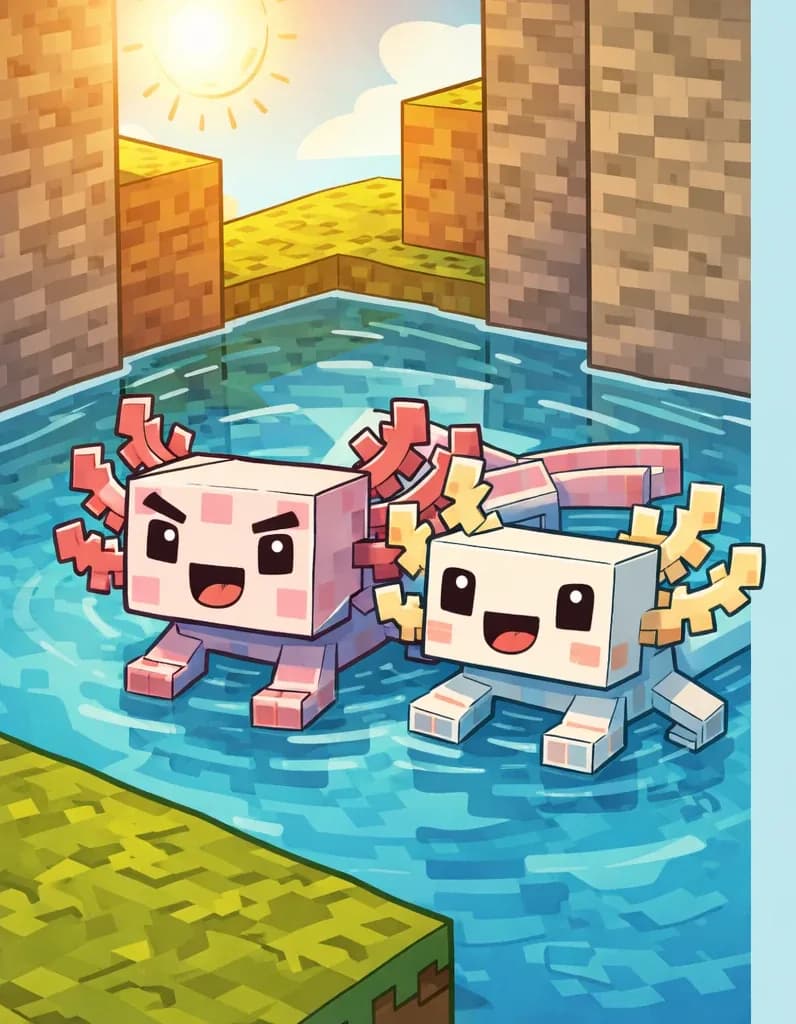 On the left side of the image, Axolotl and White Axolotl float together in a small pool of water built from blocky stone walls, in a Minecraft-style scene. The two axolotls are swimming side by side with happy expressions, their feathery gills visible, nestled in the clear blue water. The pool sits on a grassy outdoor area under a bright, warm sun in a clear sky. The right ~40% of the image is plain light blue background for text overlay.