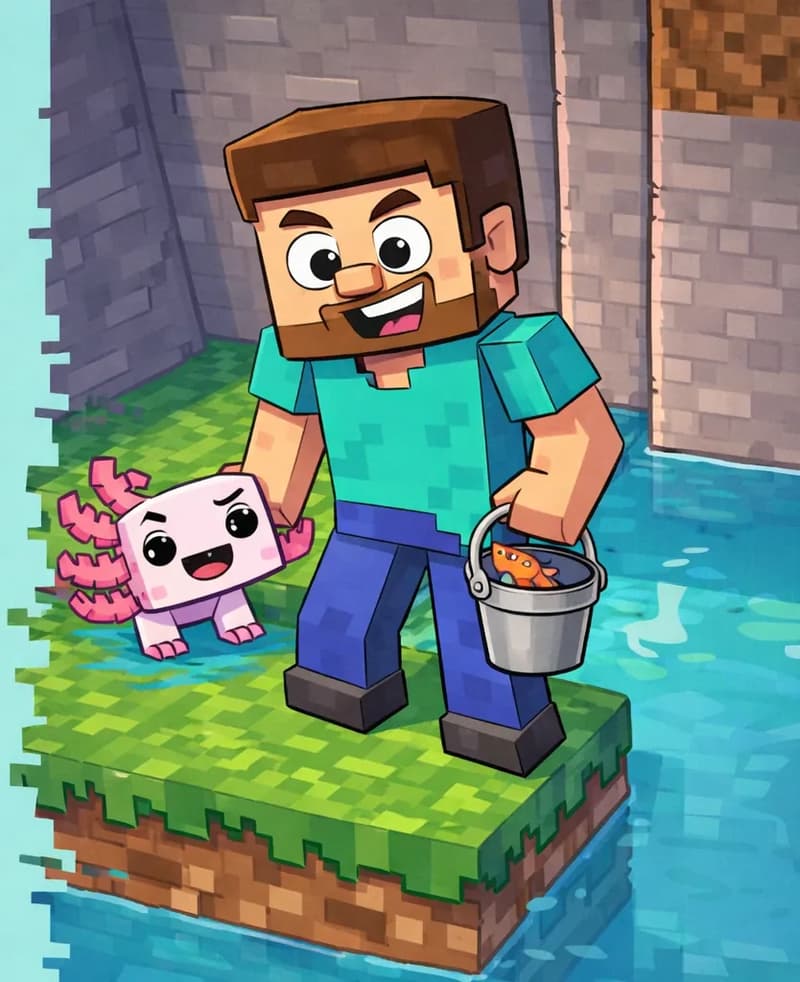 On the right side of the image, Steve stands on a grassy ledge beside a pool of water near a rocky cliff face, looking excited with a happy expression. He is holding a small bucket with a fish (clownfish) in it. Axolotl is visible peeking out of the water just behind Steve, grinning at him with a cute expression. The left ~40% of the image is plain light teal background, leaving clear space for text overlay.