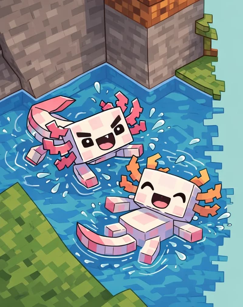 On the left side of the image, Axolotl and White Axolotl are swimming and playing together in a blocky, Minecraft-style pool of blue water, viewed from above at an angle. The water is bordered by green grass blocks and stone brick walls in the upper left corner. Both axolotls appear relaxed and playful, splashing and floating in the water with happy expressions. The right side of the image is plain light turquoise background, clear for text.