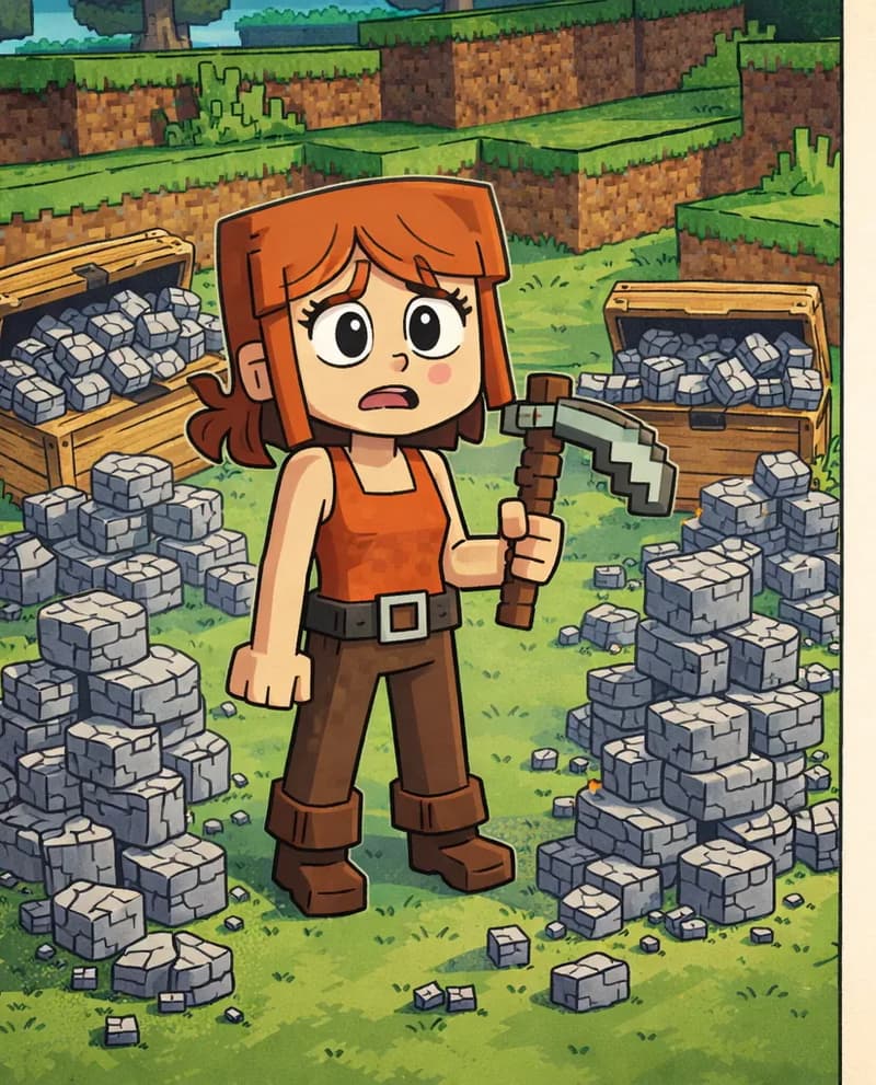 Jill stands on the left side of the image in an outdoor grassy Minecraft landscape, facing the viewer with a worried, slightly overwhelmed expression. She has shoulder-length auburn hair with a side-swept fringe, large round dark eyes, and light skin. She wears a bright orange sleeveless top with a brown belt, dark brown pants, and brown boots, and holds a gray-and-brown pickaxe in her right hand. Scattered around her on the ground are tall stacks of cobblestone blocks piled haphazardly, reinforcing the problem of having too much mined stone. Behind her, two large wooden chests sit overflowing with blocks, their lids propped open and items spilling out. The scene is set in bright daylight on a green hillside with terraced dirt and grass blocks rising in the background. The right ~40% of the image is a plain parchment-style text panel.