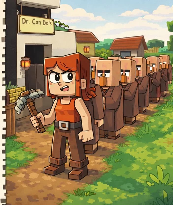 On the right side of the image, a long line of Minecraft-style villager characters stands queued up on a dirt and grass path, waiting to use a large bin-like structure with a doorway (Dr Can Do's stone-disposal bin) visible near the front of the queue, in a suburban neighborhood setting with buildings, green grass, and lanterns under a daytime sky with clouds. Jill stands in the middle of the line, clearly distinguishable from the brown-robed villagers by her shoulder-length auburn hair, bright orange sleeveless top with a brown belt, dark brown pants, and brown boots. She holds her gray-and-brown pickaxe and looks frustrated and impatient, glancing toward the front of the line. Approximately eight to ten blocky villager characters in brown robes stand in the queue ahead of and behind her. The left ~40% of the image is a plain beige panel reserved for text.