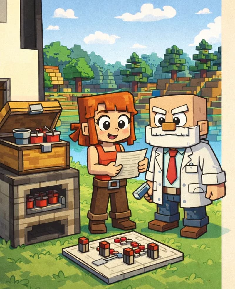 On the left side of the image, Jill and Dr. Can Do stand together on a grassy area beside a pond, rendered in a Minecraft-style blocky art style. Jill stands at a three-quarter angle facing the viewer, with her shoulder-length auburn hair, bright orange sleeveless top with a brown belt, dark brown pants, and brown boots. She holds a sheet of paper — the pattern and list Dr. Can Do has just given her — and looks at it with a curious, eager expression. Dr. Can Do stands beside her facing the viewer, a stocky figure with light beige skin, white bushy eyebrows, a thick white mustache, and a helpful expression. He wears a white lab coat over a white dress shirt with a red necktie, dark brown belt, dark navy-blue pants, and dark brown shoes, and holds a small gray hammer in his right hand. Between them on the ground is a crafting table with redstone components laid out, and behind them to the left is a large open chest holding buckets and redstone dust, representing the items Jill will need to build her bin. The scene is set outdoors on a bright, sunny day in a suburban neighborhood with trees, rooftops, and a stone stairway visible in the background. The right ~40% of the image is a plain beige panel reserved for text.