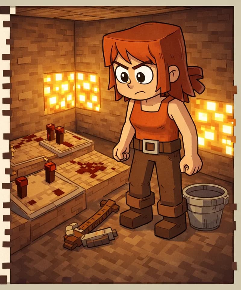On the right side of the image, Jill stands in an underground room with warm glowing light, looking down with a determined expression at a redstone contraption she has assembled on wooden platforms — the device is laid out but clearly incomplete, with no lava visible inside. Jill has shoulder-length auburn hair, a bright orange sleeveless top with a brown belt, dark brown pants, and brown boots. Her gray-and-brown pickaxe rests nearby, and an empty iron bucket sits on the floor beside her, hinting at her next task. The scene is set indoors in a dimly lit crafting space with stone and wood block walls, illuminated by glowstone lights mounted on the walls. The left ~40% of the image is a plain beige panel reserved for text, framed by a decorative pixelated border.