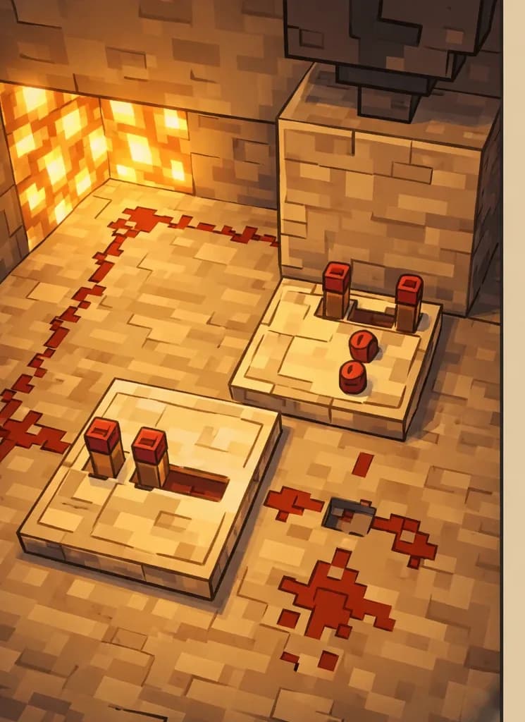 On the left side of the image, a Minecraft-style redstone contraption is shown from an overhead angle inside a dimly lit stone room. Red redstone dust trails run across sandstone-colored blocks on the floor, connecting to redstone repeaters and components, with a visible gap in the circuit where a piece of redstone is missing. Glowing light blocks in the upper-left corner cast a warm orange glow over the scene. The right side of the image is a plain beige background reserved for text. No characters are visible in this image.