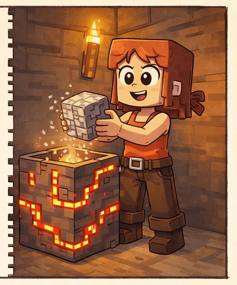 On the right side of the image, Jill stands in her underground workshop beside her completed stone-disposal bin — a boxy redstone contraption humming with glowing redstone trails along its surface. Jill has shoulder-length auburn hair, a bright orange sleeveless top with a brown belt, dark brown pants, and brown boots. She holds a cobblestone block in both hands, placing it into the top of the bin with a proud, triumphant smile. A faint particle effect around the bin suggests the cobblestone is vanishing as it enters. The room is warmly lit by a torch mounted on the stone and wood block wall above her, creating a cozy interior glow. The left side of the image is a plain blank panel reserved for text.