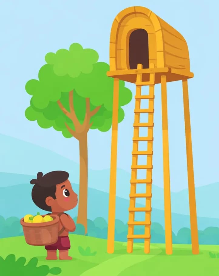 On the left side of the image, a young child stands on the ground looking up at a tall wooden house raised high on stilts with a ladder leading up to its entrance. The child carries a basket filled with fruit on their back. The scene is set outdoors during the daytime, with a green tree beside the stilted house, rolling green fields, and misty mountains in the background. The right side of the image is open sky and landscape, left clear for text.